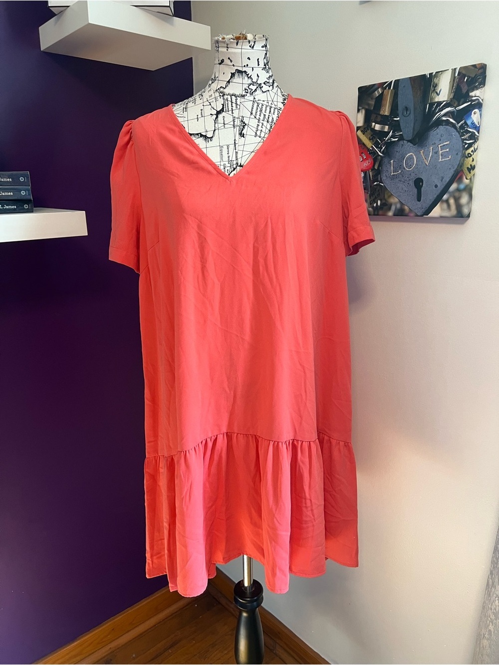 7 for $30 A New Day Short Sleeve Women’s Coral V‑Neck Ruffle Hem Top